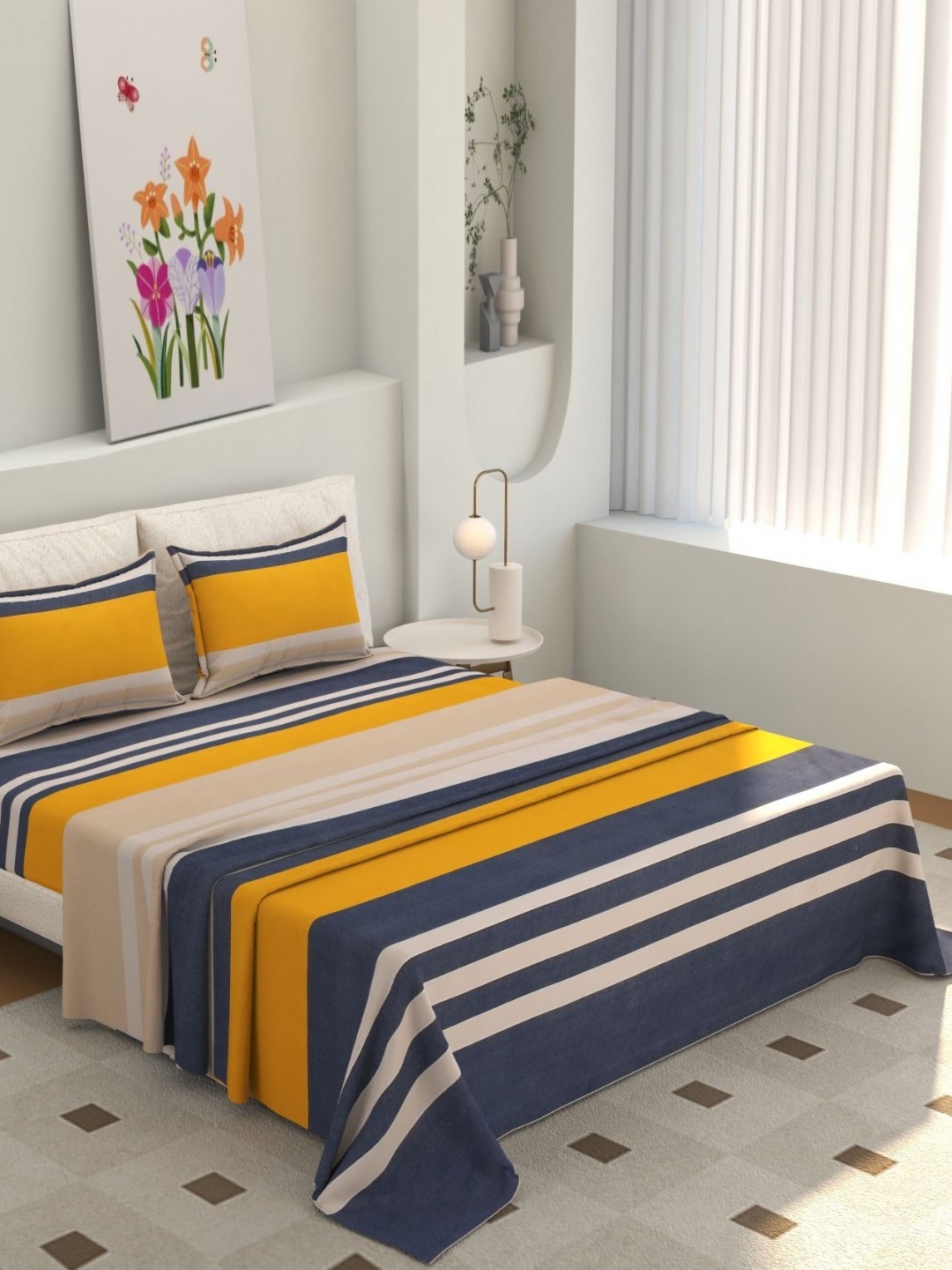 

Jizzby Yellow & Grey Striped 300 TC King Bedsheet with 2 Pillow Covers