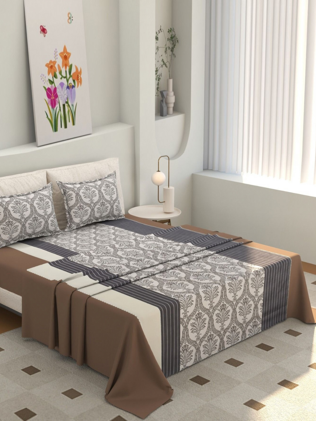

Jizzby Grey & White Floral 300 TC King Bedsheet with 2 Pillow Covers
