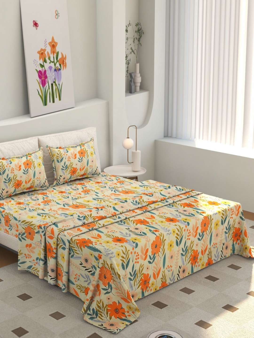 

Jizzby Cream-Coloured & Orange Floral 300 TC King Bedsheet with 2 Pillow Covers