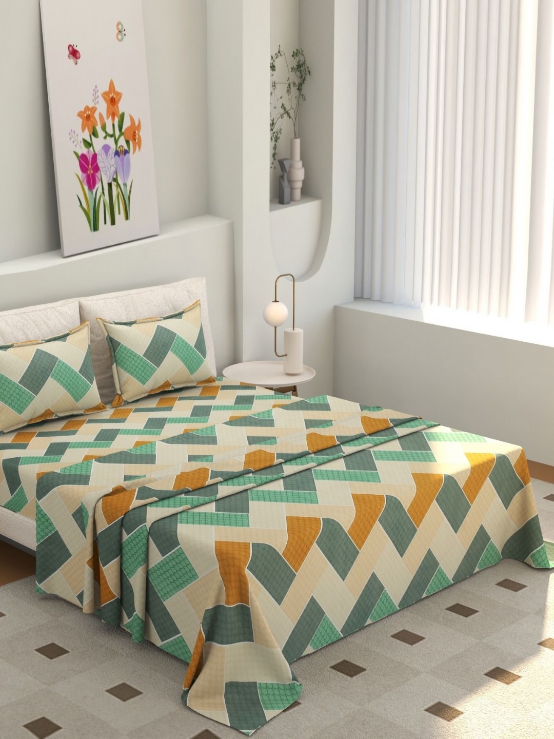 

Jizzby Green & Grey Geometric 300 TC King Bedsheet with 2 Pillow Covers