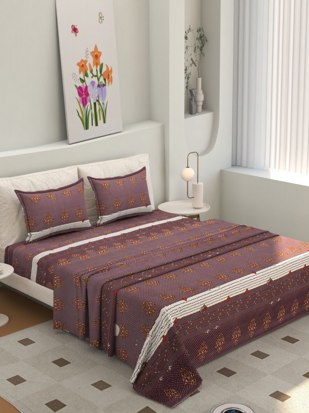 

Jizzby Purple & White Ethnic Motifs 300 TC King Bedsheet with 2 Pillow Covers