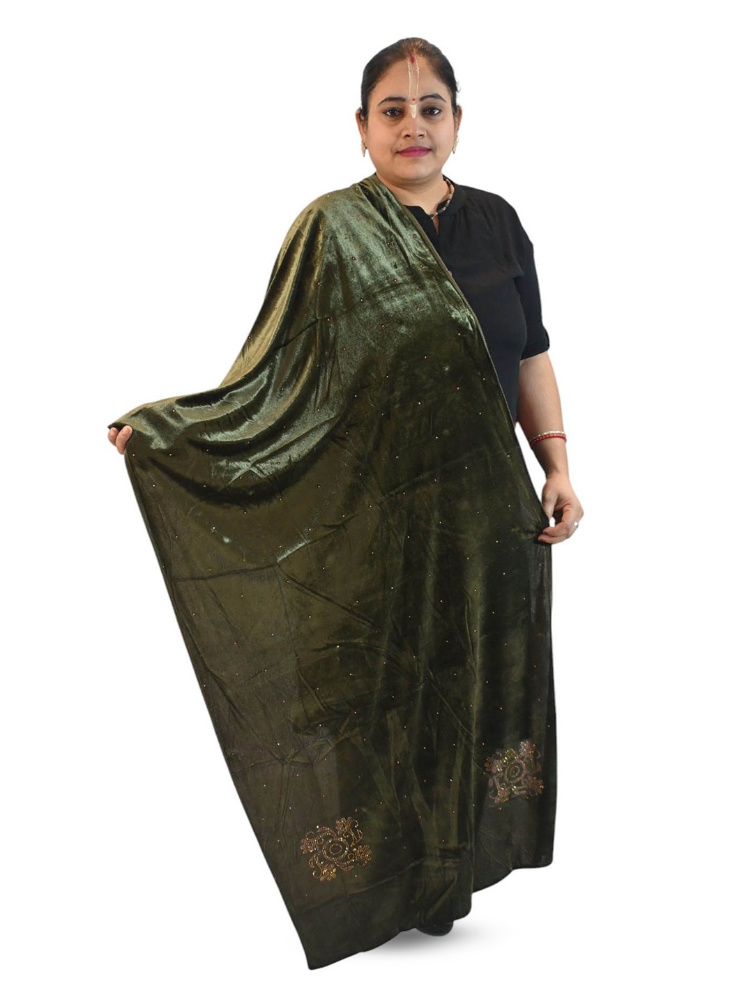 

Vrinde Self Design Velvet Wool Stole, Olive