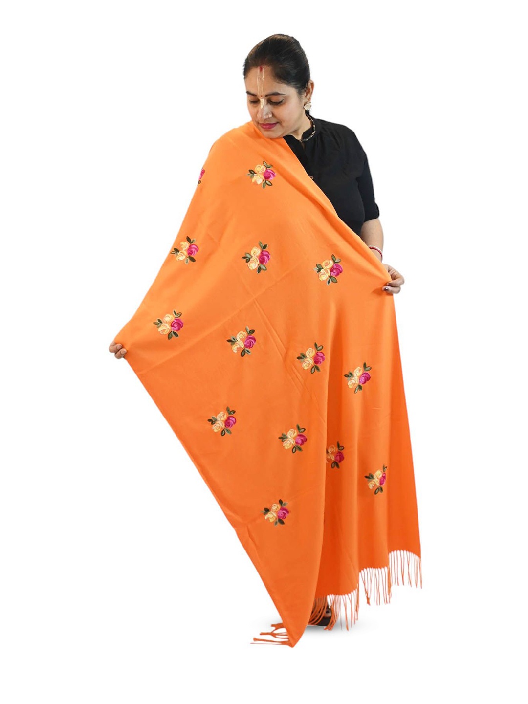 

Vrinde Floral Printed Woolen Stole, Orange