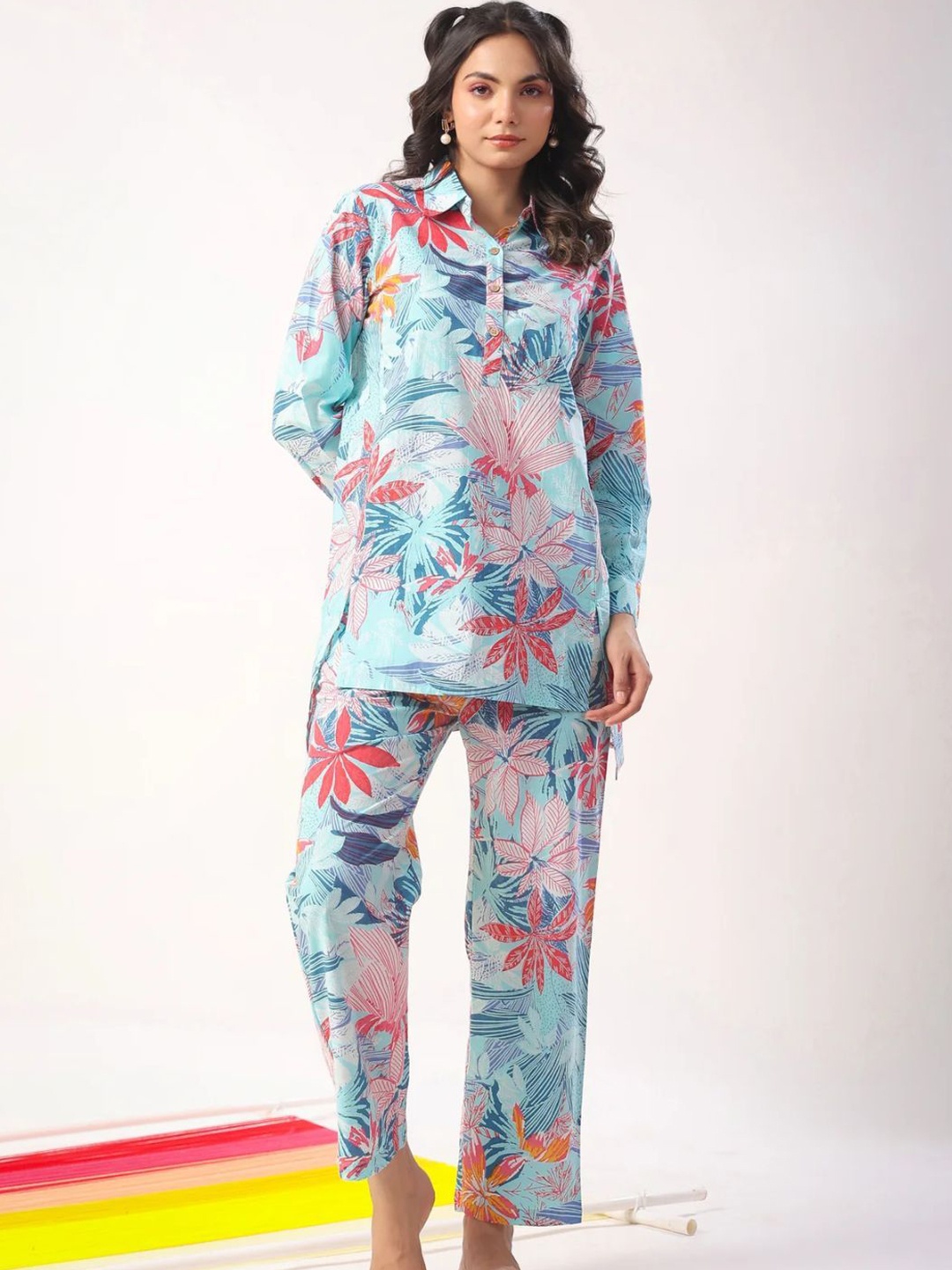 

Bindass Female Collection Printed Pure Cotton Top With Trouser Co-Ords, Blue