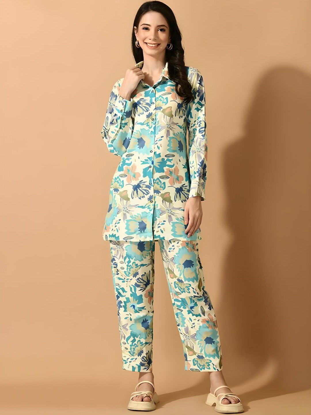 

Bindass Female Collection Printed Pure Cotton Shirt With Trousers Co-Ords, Beige
