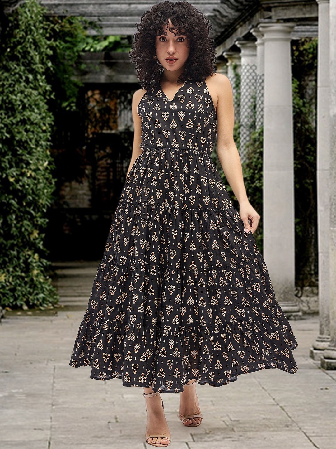 

Deewa Floral Print A-Line Maxi Dress, Black