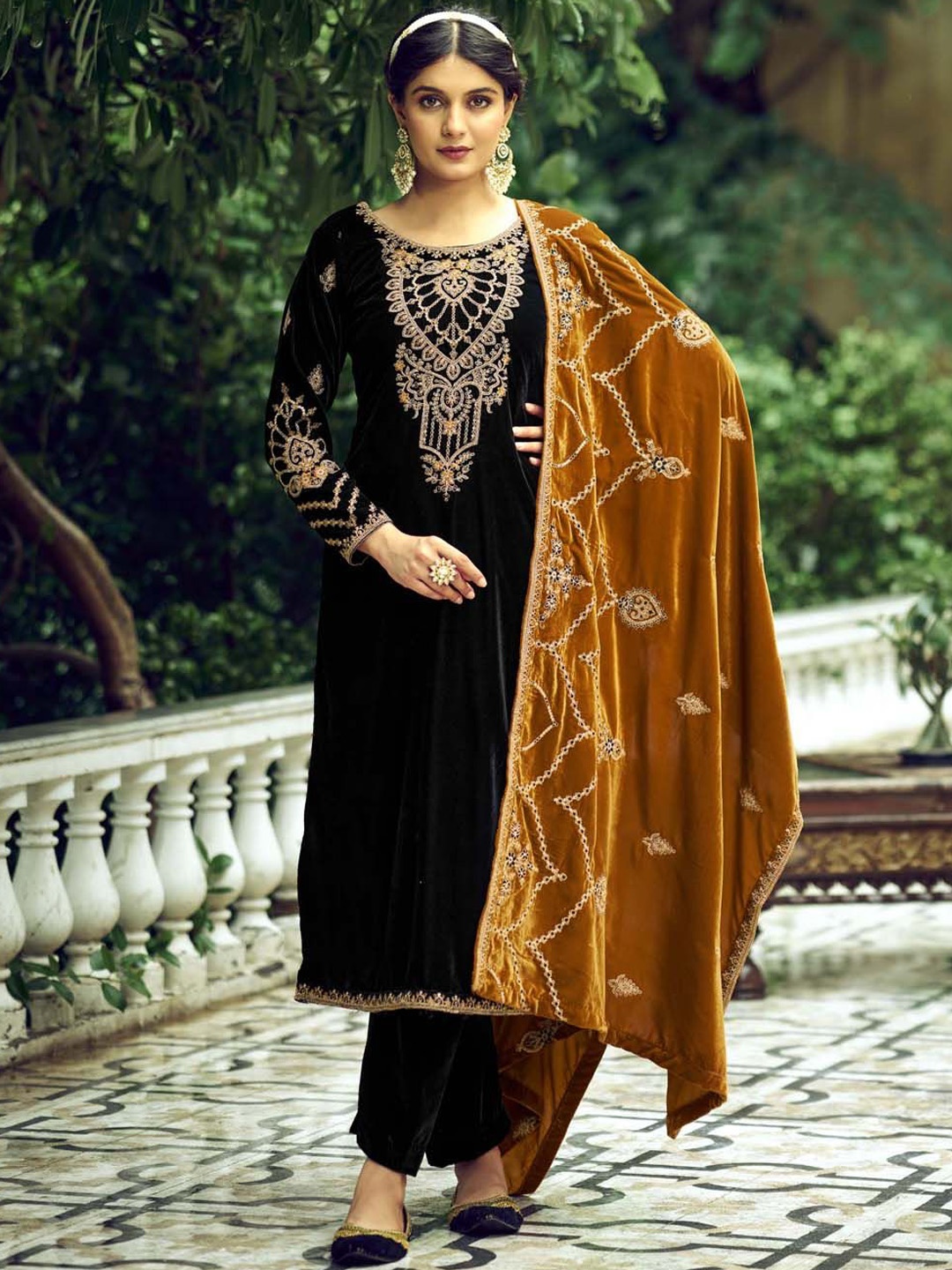 Clora Creation Embroidered Velvet Unstitched Dress Material, Black