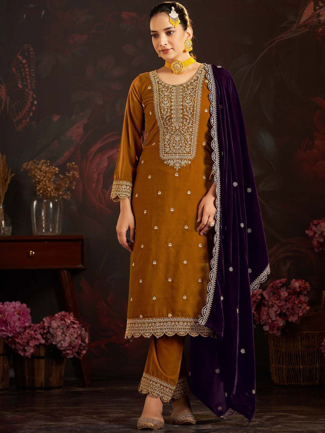 

Clora Creation Embroidered Velvet Unstitched Dress Material, Mustard