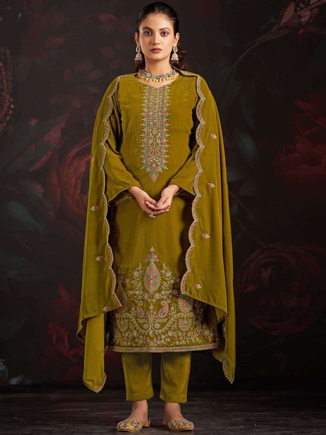 

Clora Creation Embroidered Velvet Unstitched Dress Material, Green