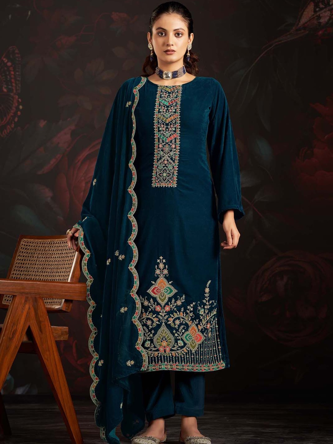 

Clora Creation Embroidered Velvet Unstitched Dress Material, Blue