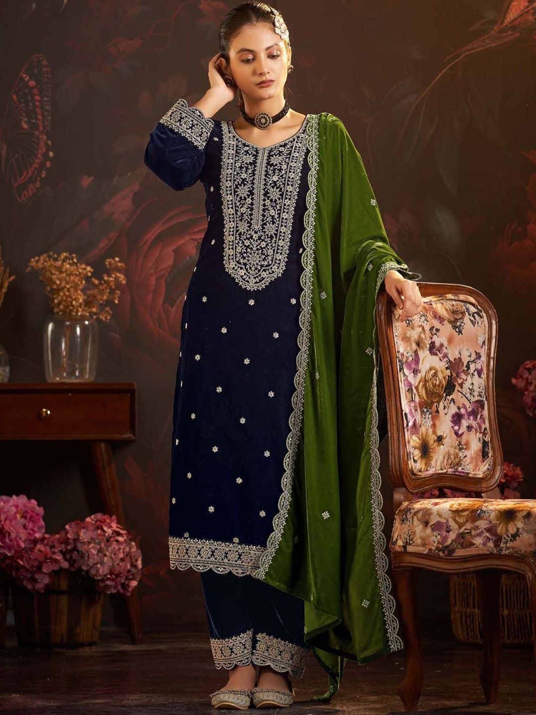 

Clora Creation Embroidered Velvet Unstitched Dress Material, Navy blue