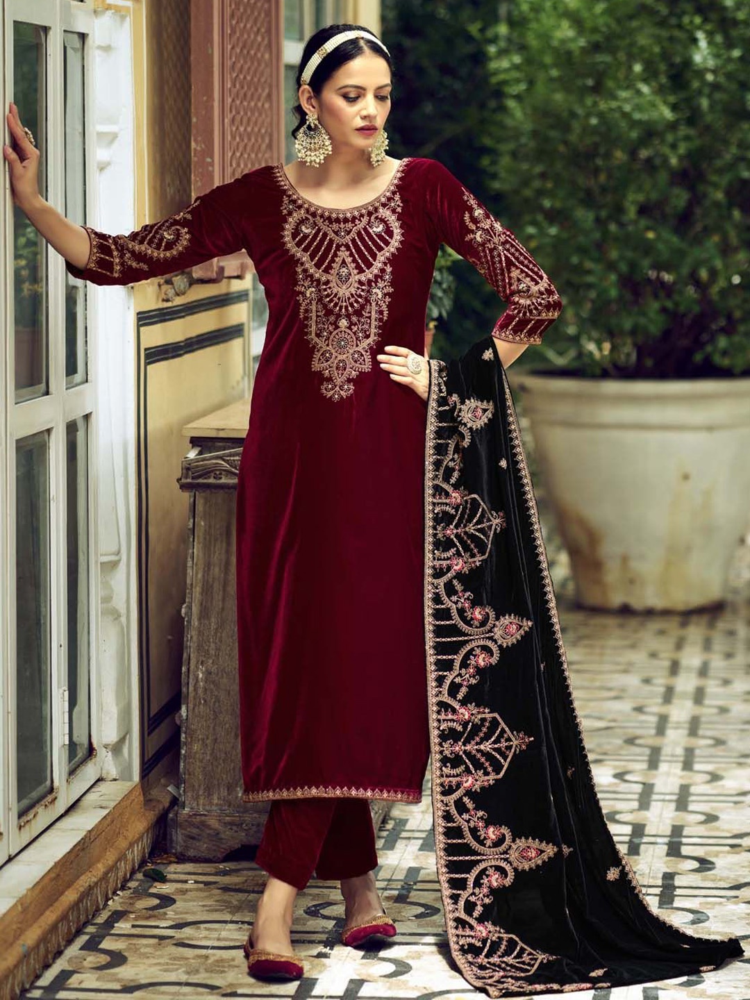 

Clora Creation Embroidered Velvet Unstitched Dress Material, Maroon