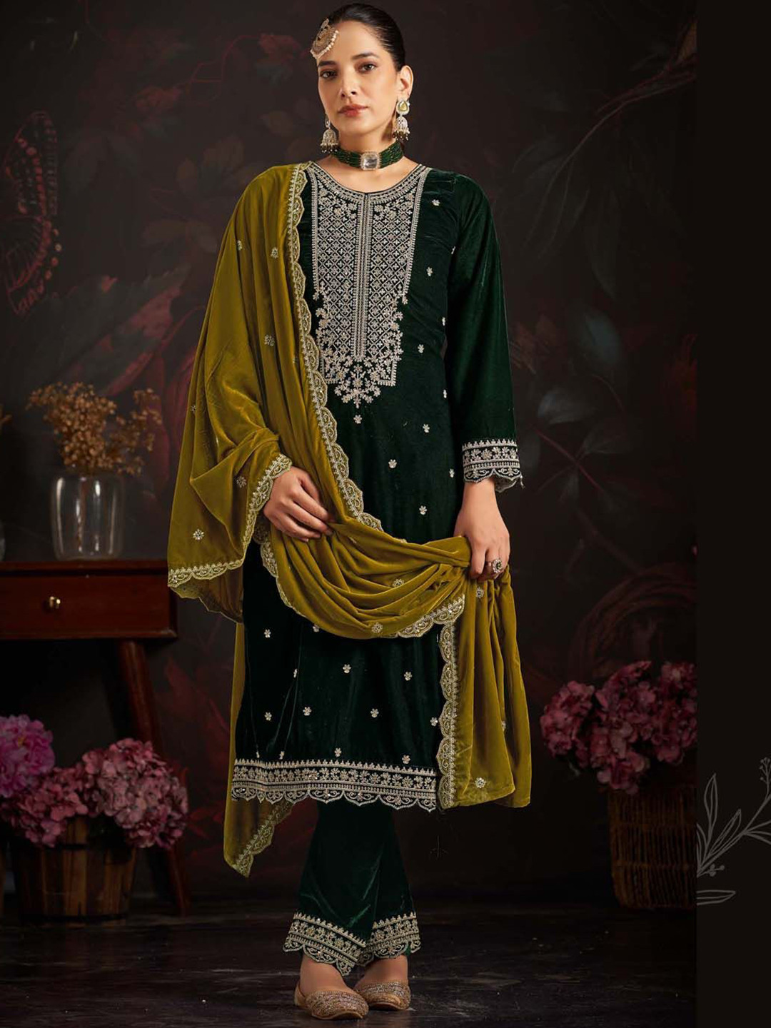

Clora Creation Embroidered Velvet Unstitched Dress Material, Green