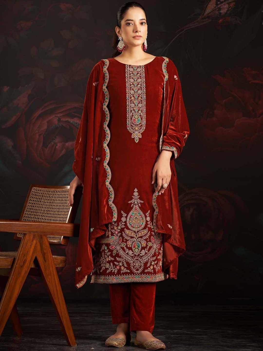 

Clora Creation Embroidered Velvet Unstitched Dress Material, Maroon