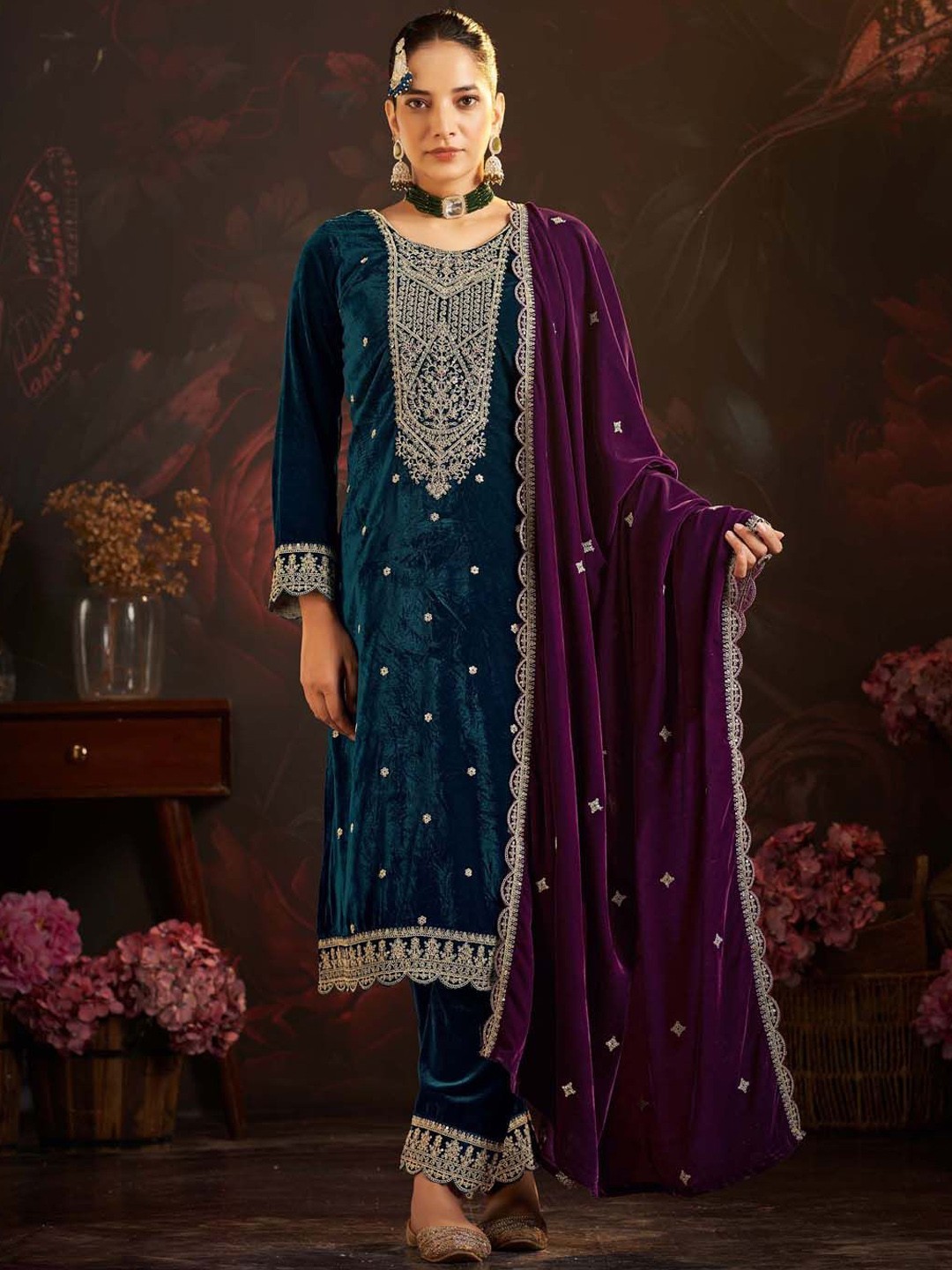 

Clora Creation Embroidered Velvet Unstitched Dress Material, Teal