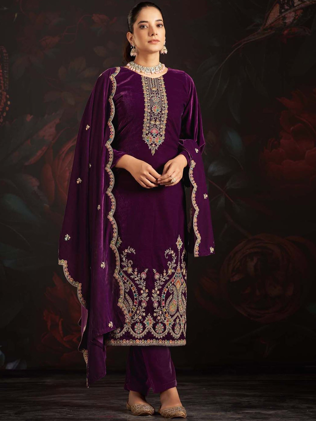 

Clora Creation Embroidered Velvet Unstitched Dress Material, Burgundy
