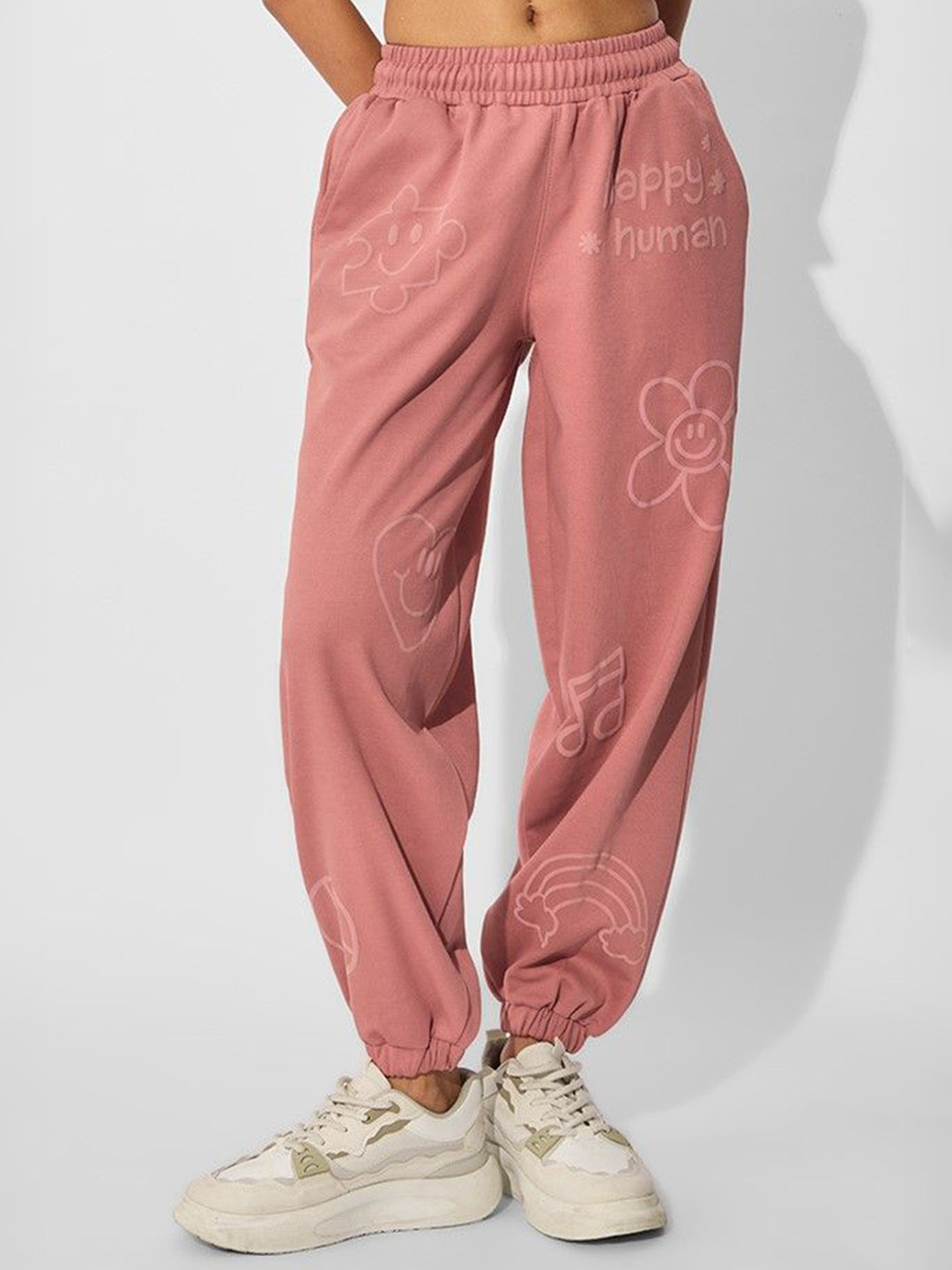 

The Souled Store Women Printed Pure Cotton Mid Rise Joggers, Pink