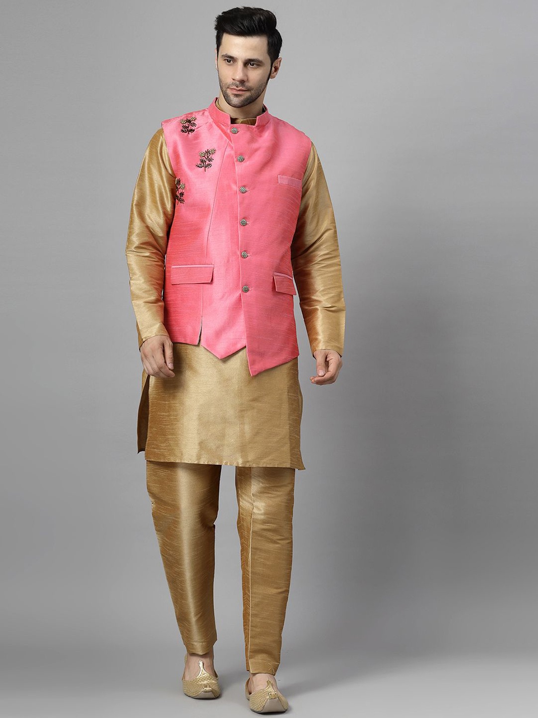 Utsav Fashion Men Regular Beads and Stones Kurta with Trousers, Beige