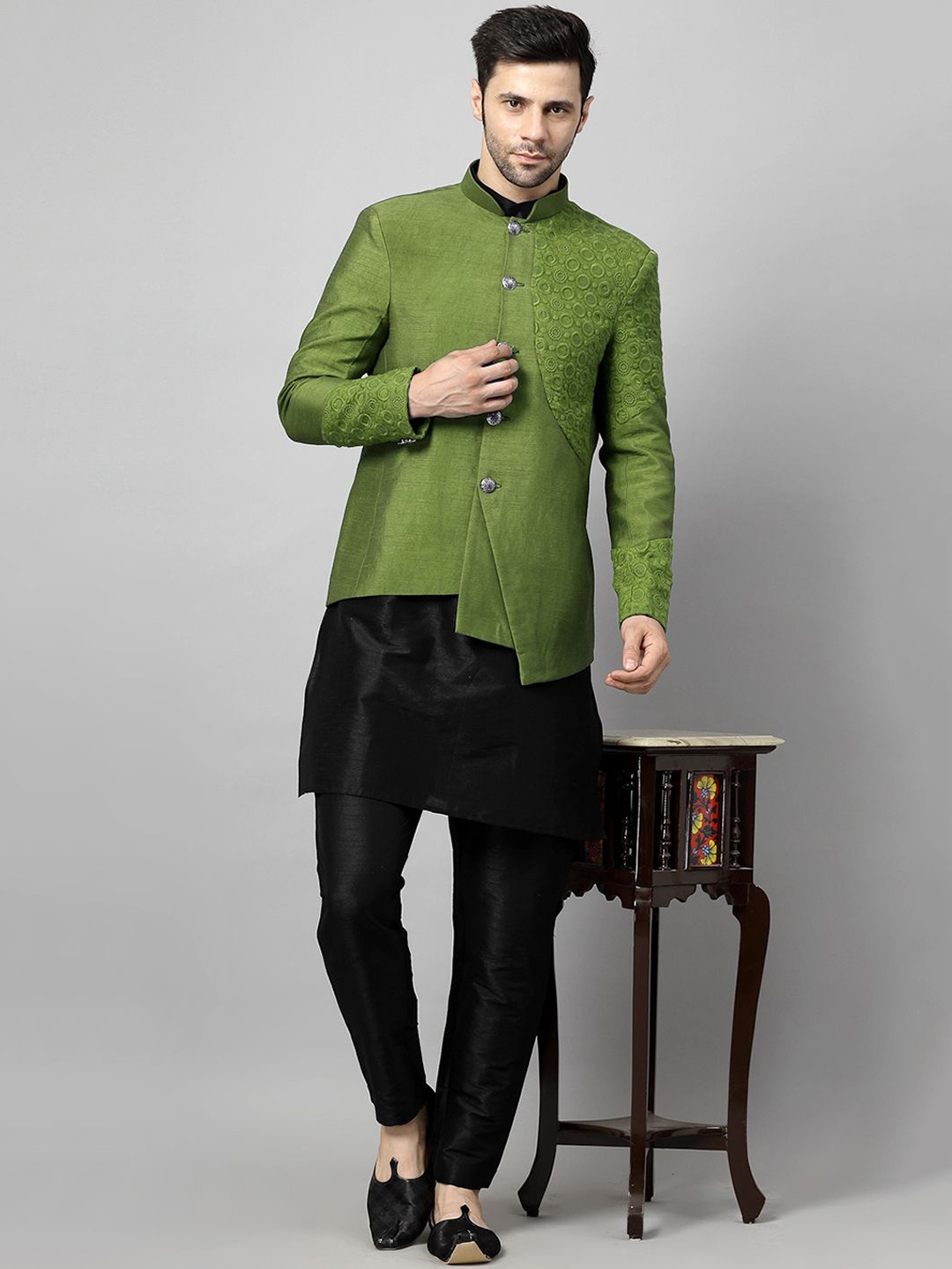 

Utsav Fashion Men Panelled Thread Work Dupion Silk Kurta with Trousers, Olive