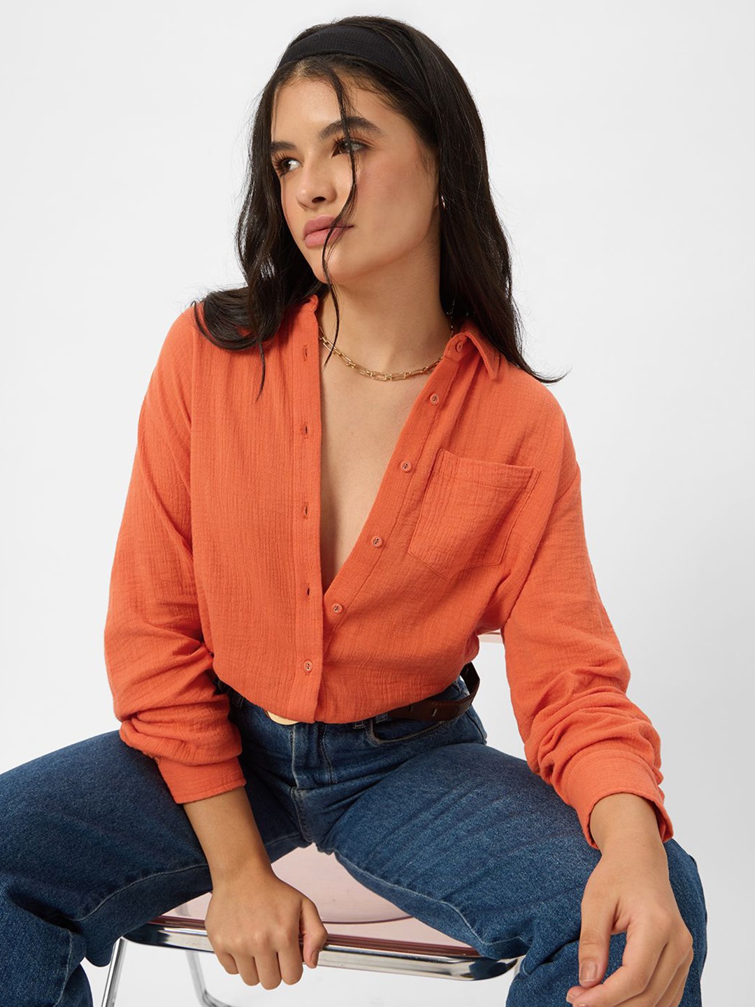 

The Souled Store Women Spread Collar Textured Cotton Relaxed Fit Casual Shirt, Orange