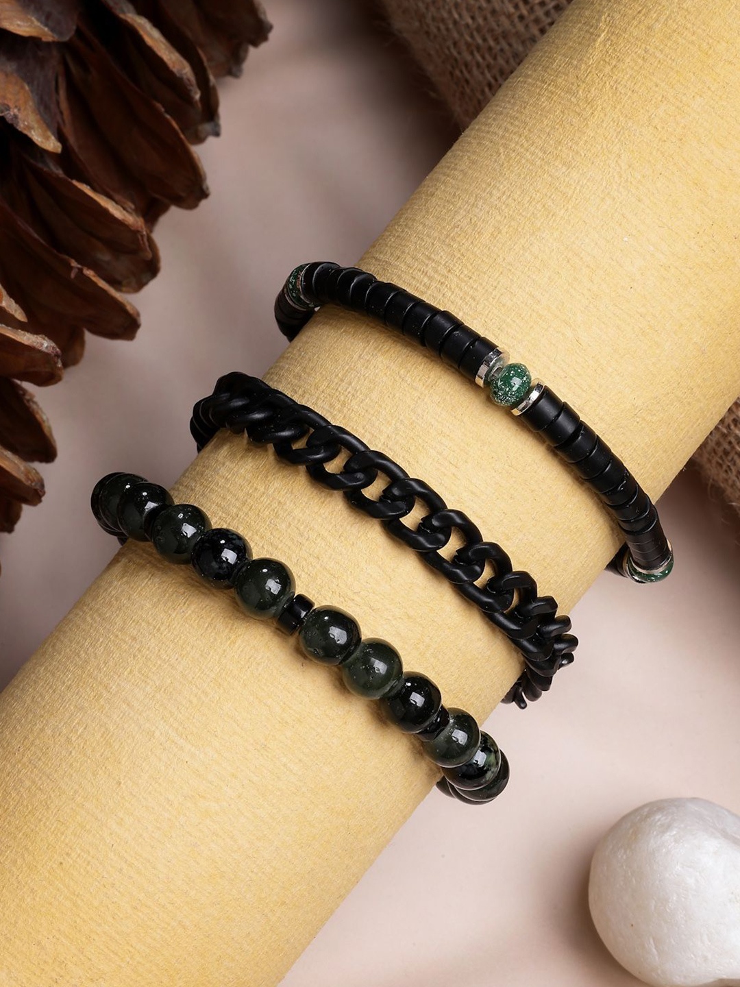 

AQUATAN Men Set of 3 Rhodium-Plated Beaded Elasticated Bracelets, Black