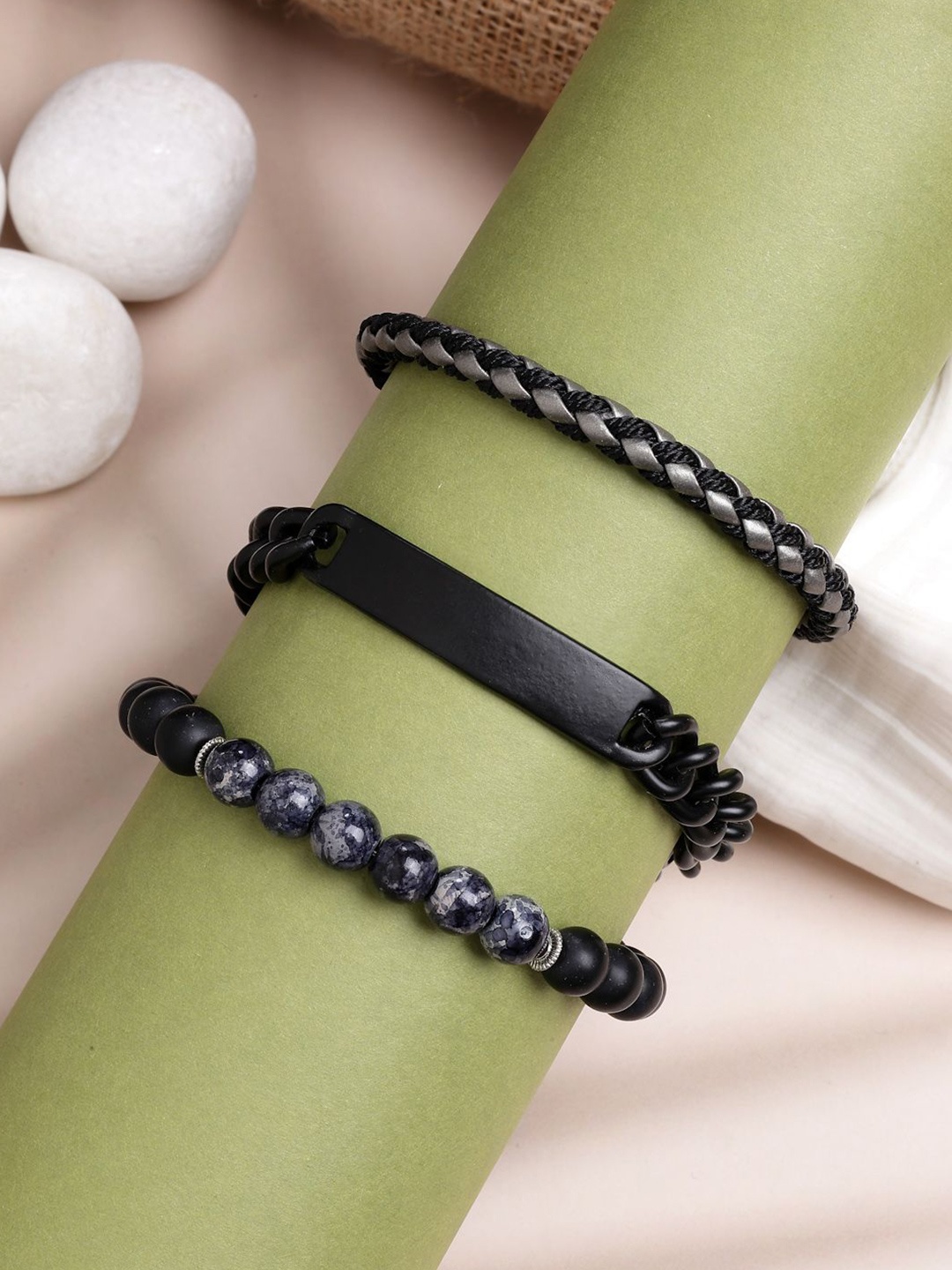 

AQUATAN Men Set of 3 Chain Pendant Glass Beaded Elasticated Bracelets, Silver