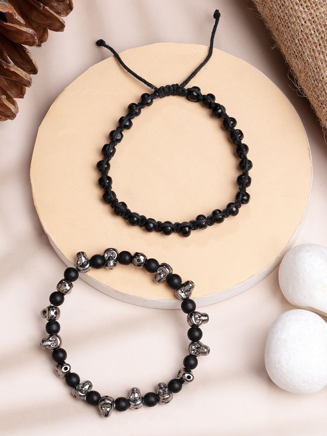 AQUATAN Men Set of 2 Beaded Wood Elasticated Bracelets, Black