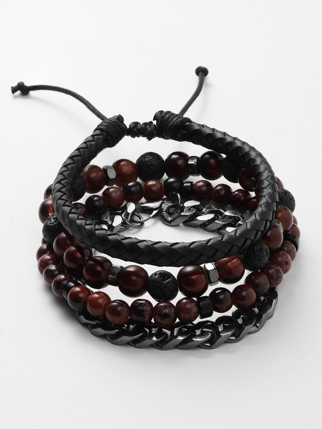 

AQUATAN Men 4 Chain Leather Glass & Lava stone Beaded Elasticated Bracelets, Black