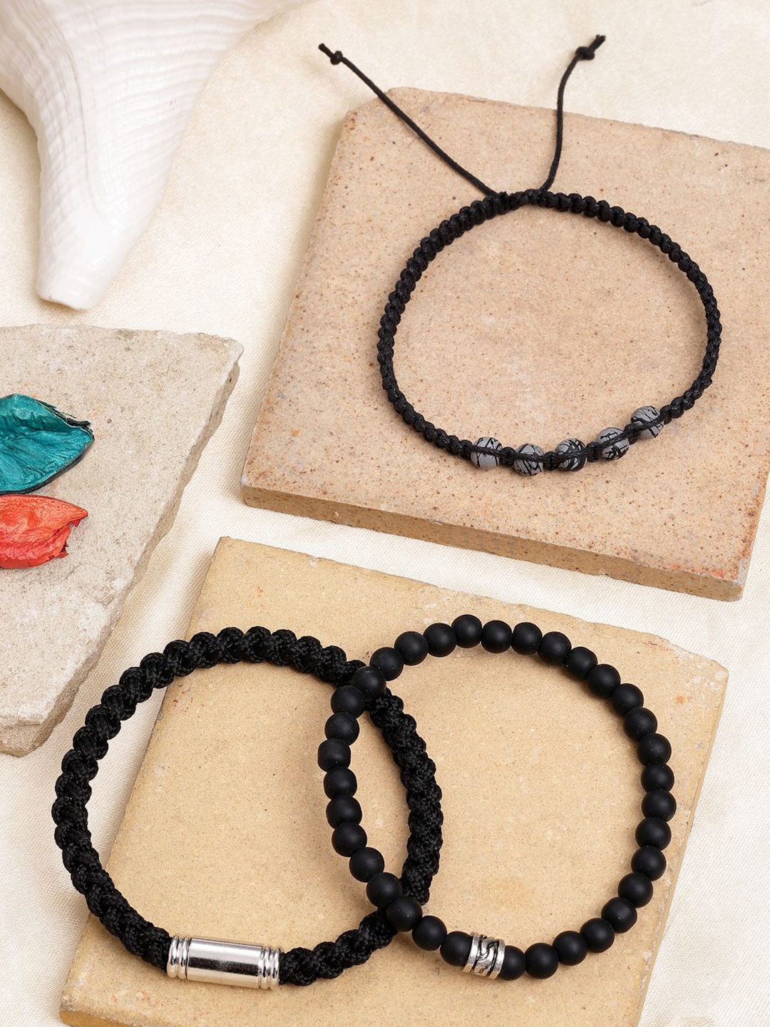 

AQUATAN Men Set of 3 Beaded Weaved Elasticated Bracelets, Black