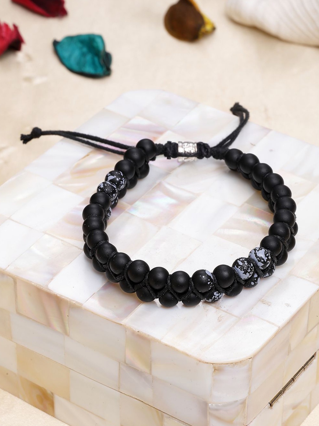 AQUATAN Men Silver-Plated Beaded Two Layered Elasticated Bracelet