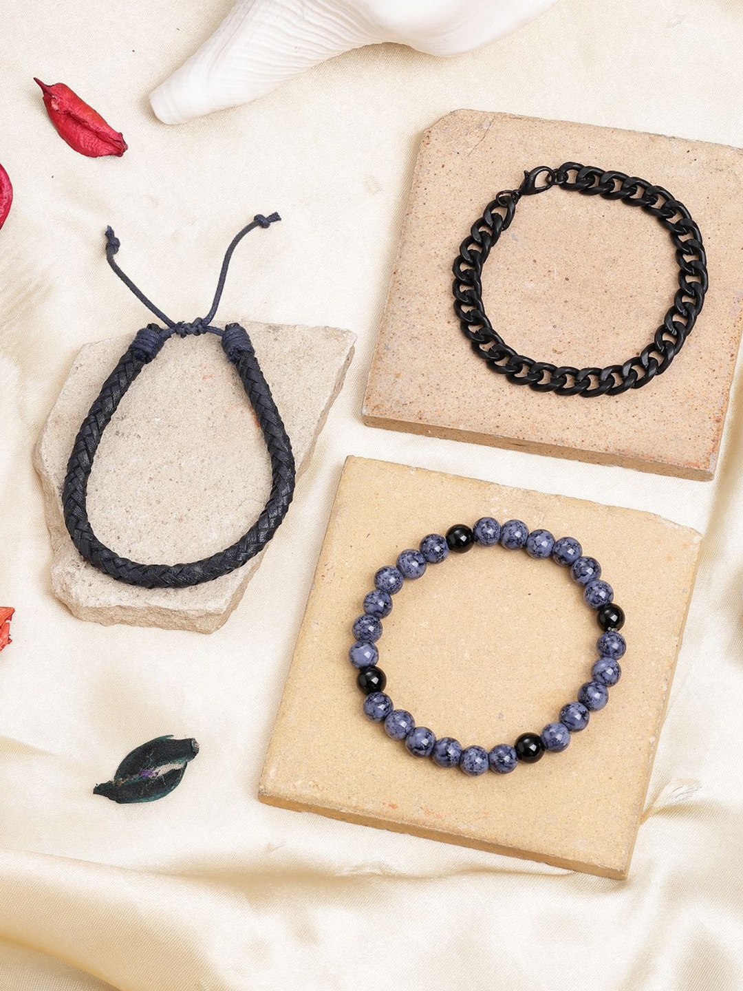 

AQUATAN Men Set of 3 Chain Leather Glass Beaded Elasticated Bracelets, Black
