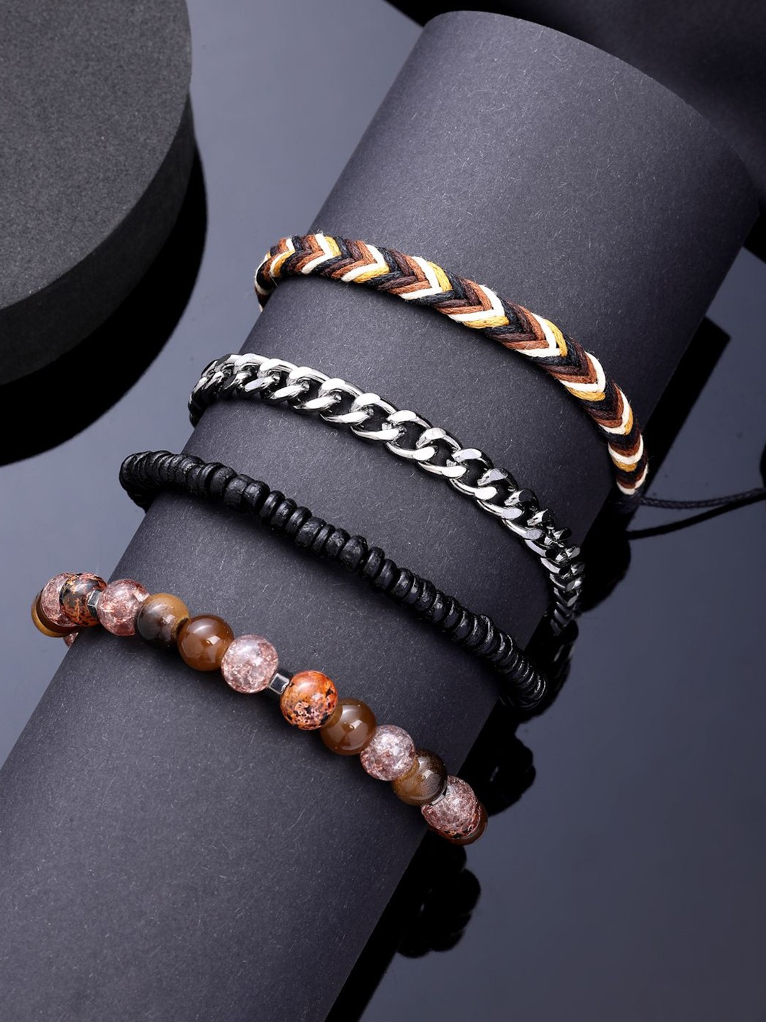

AQUATAN Men Set of 4 Rhodium-Plated Beaded Elasticated Bracelets, Silver