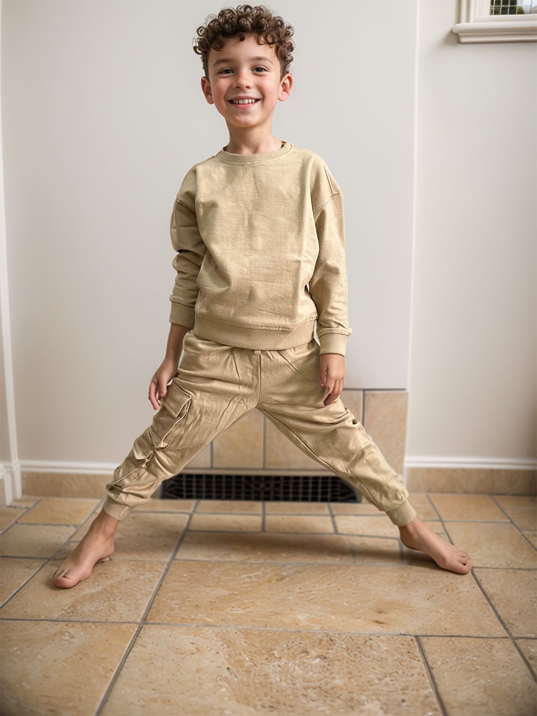 Jumping Joey Boys Long Sleeves Sweatshirt with Joggers, Beige