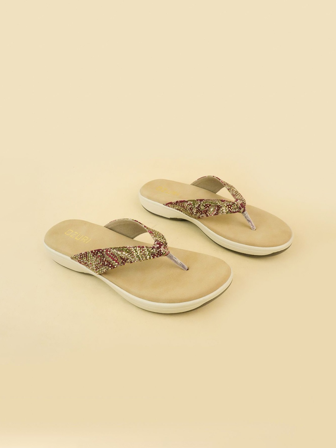 Ozuri Women Embellished T-Strap Flats, Maroon
