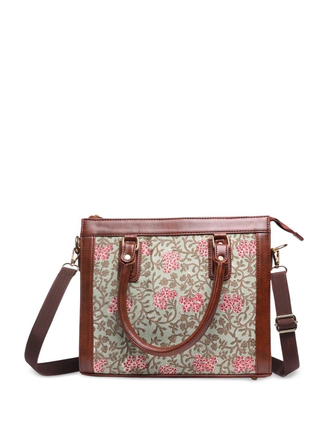 

Block N Style Women Floral Printed Structured Cotton Handheld Bag, Brown