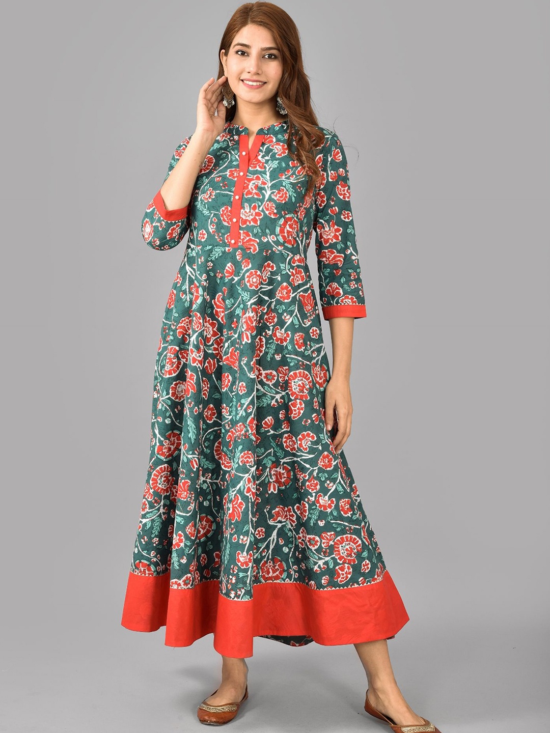 

AAYUMI Mandarin Collar Floral Printed Fit and Flare Cotton Ethnic Dress, Teal