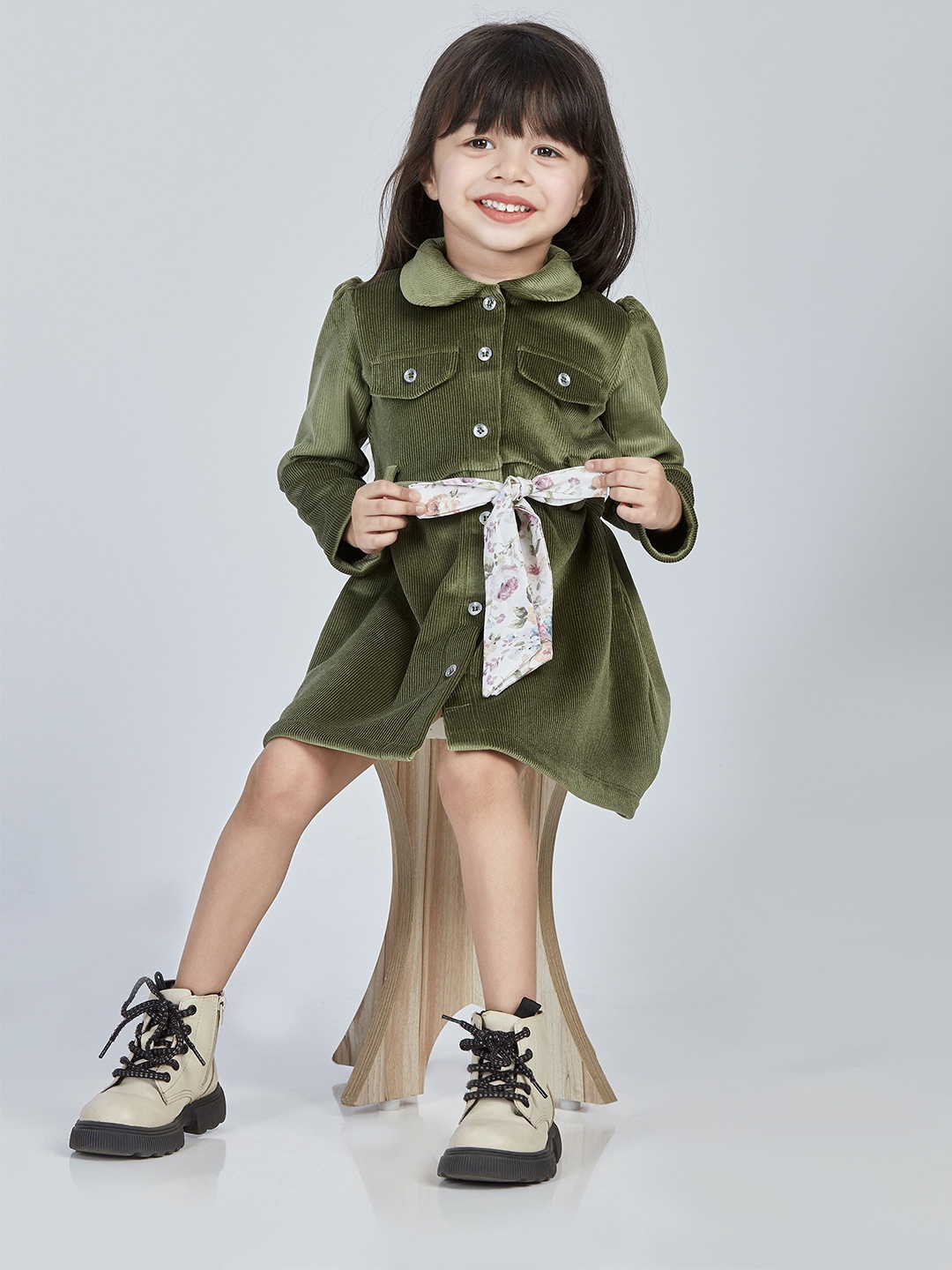 Peppermint Girls Long Sleeves Shirt Dress, Olive