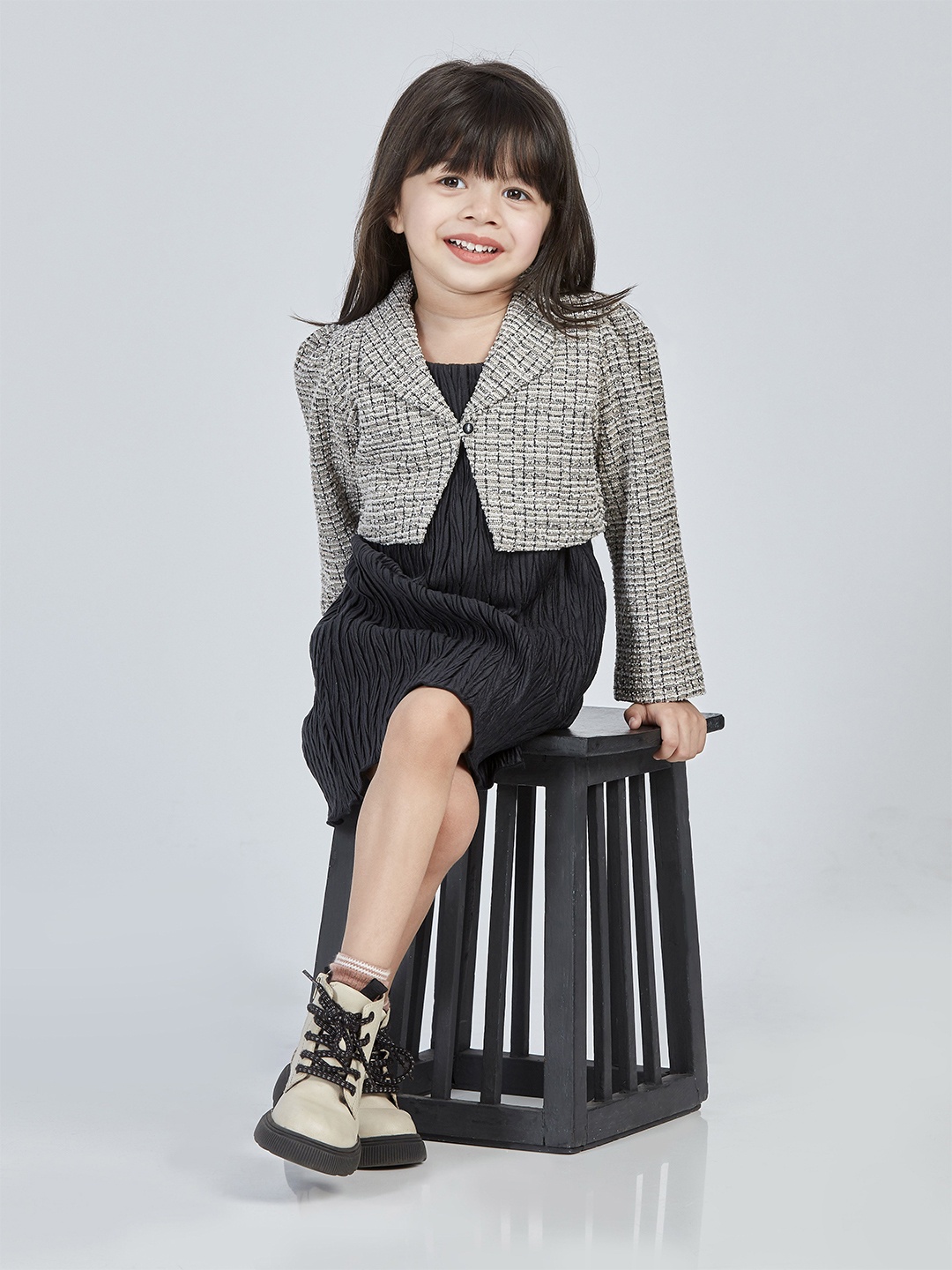Peppermint Girls Printed A-Line Dress With Jacket, Black