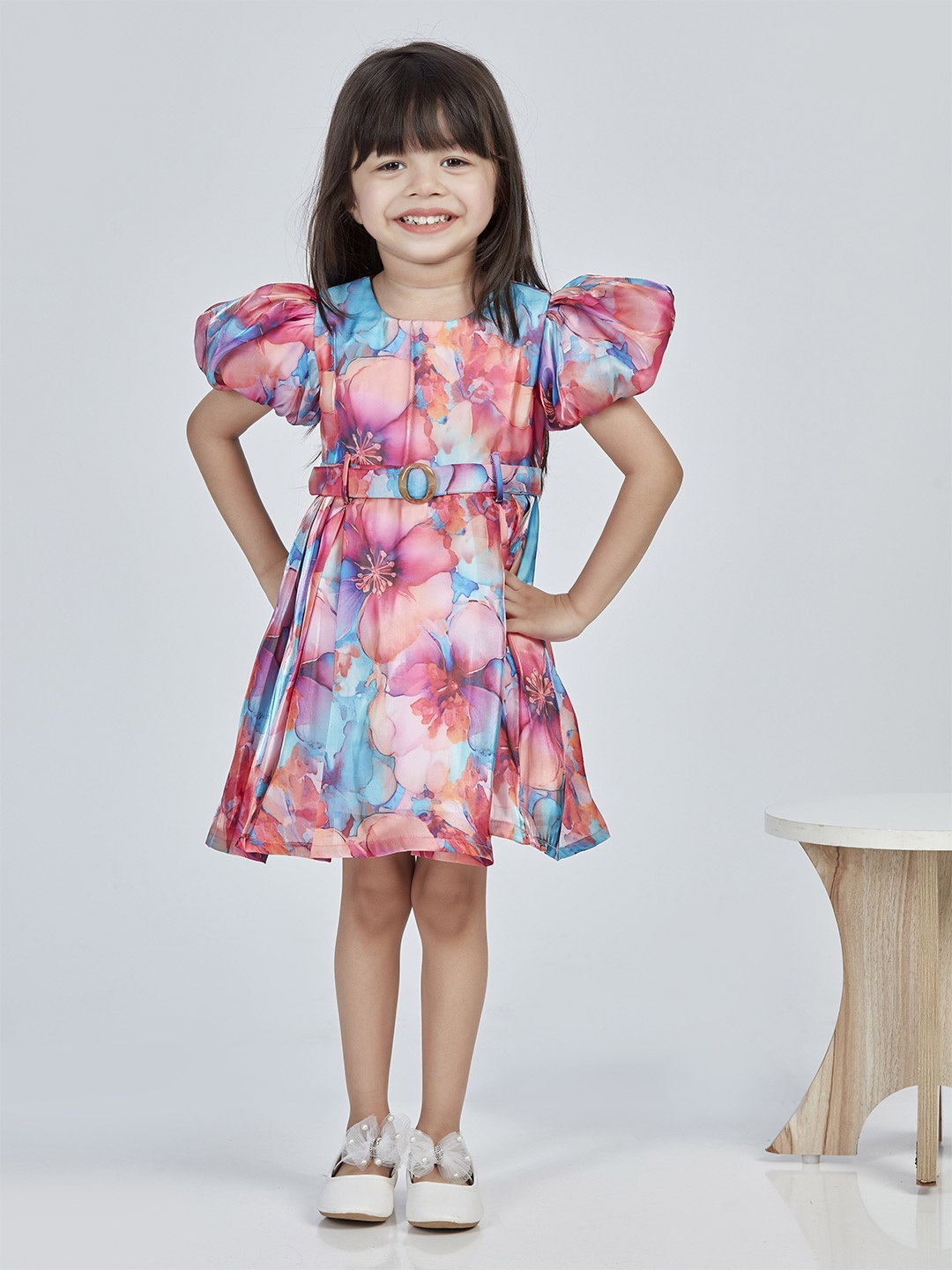 

Peppermint Girls Puff Sleeve Fit & Flare Dress, Blue