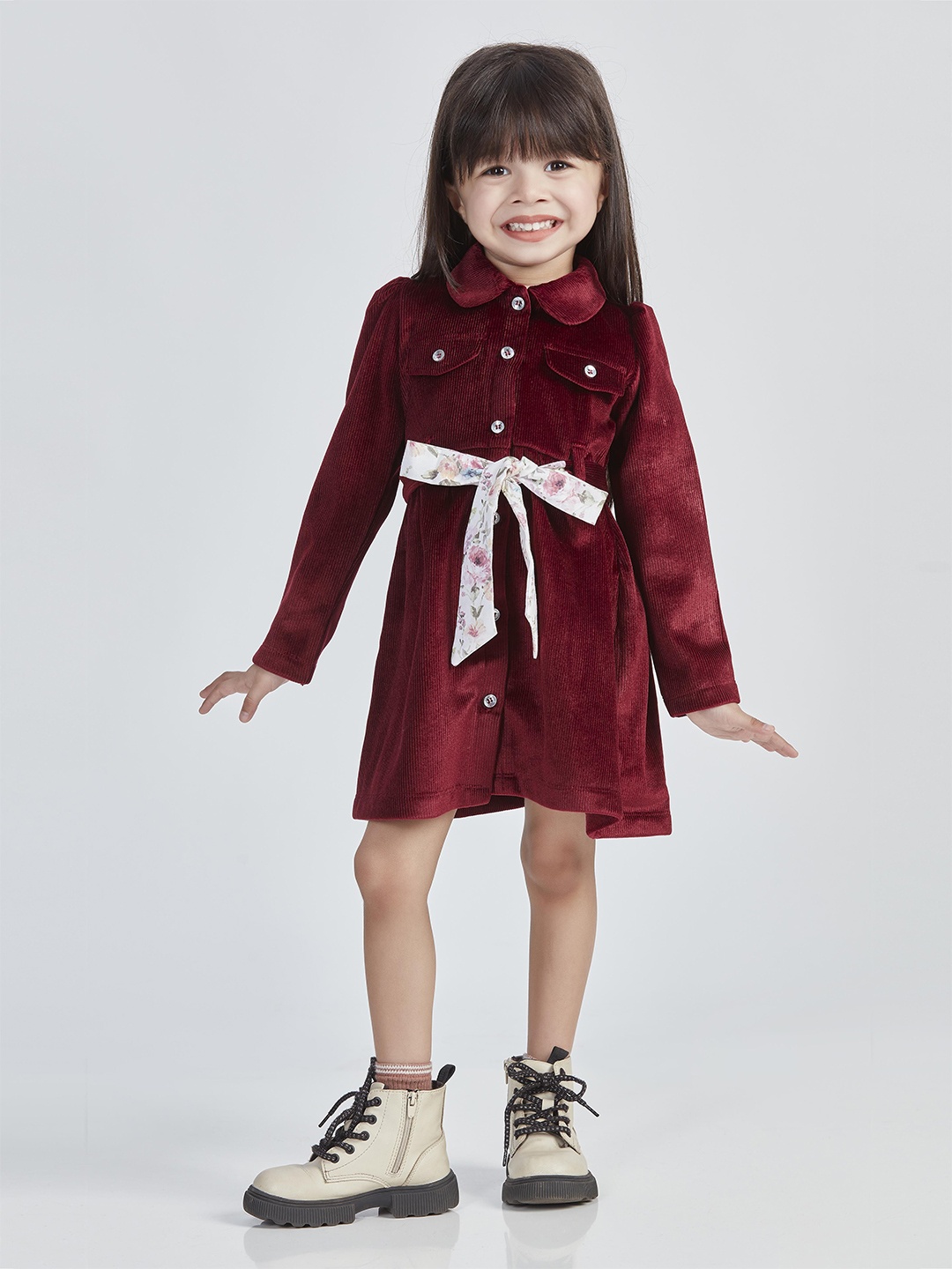 

Peppermint Girls Shirt Collar Puff Sleeves Bow Detail Shirt Dress, Maroon
