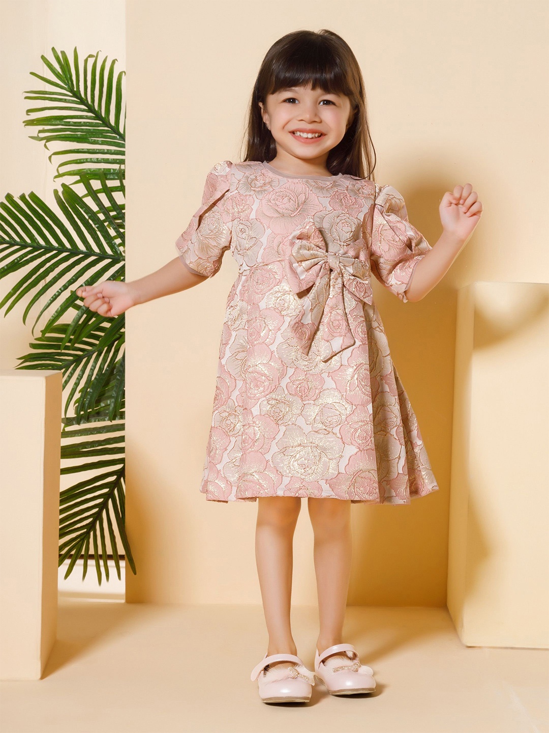 Peppermint Girls Tropical Print A-Line Dress, Peach