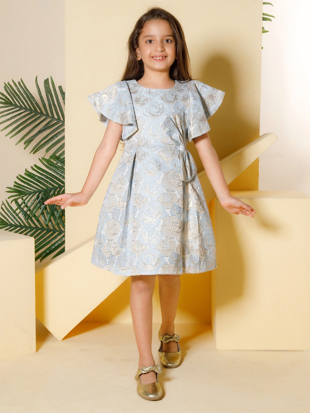 

Peppermint Girls Floral Print Jacquard A-Line Dress With Bow Detailed, Blue