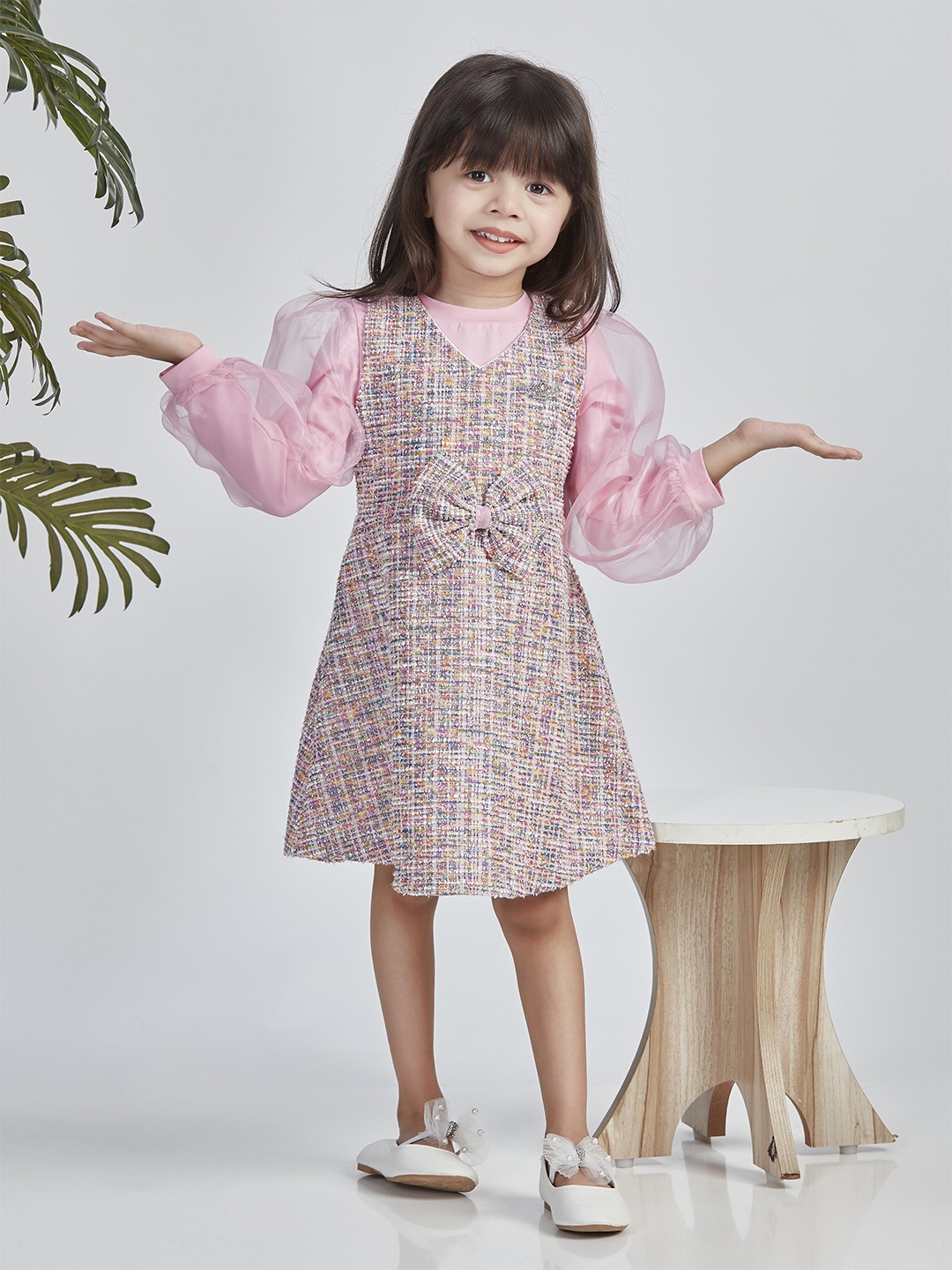 Peppermint Girls Self Design Fit & Flare Dress, Pink