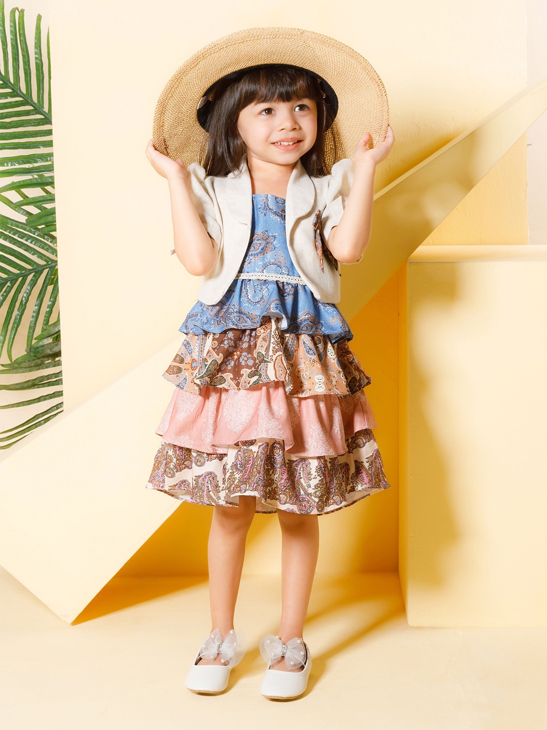 

Peppermint Girls Ethnic Motifs Printed Layered Fit & Flare Dress with Jacket, Blue