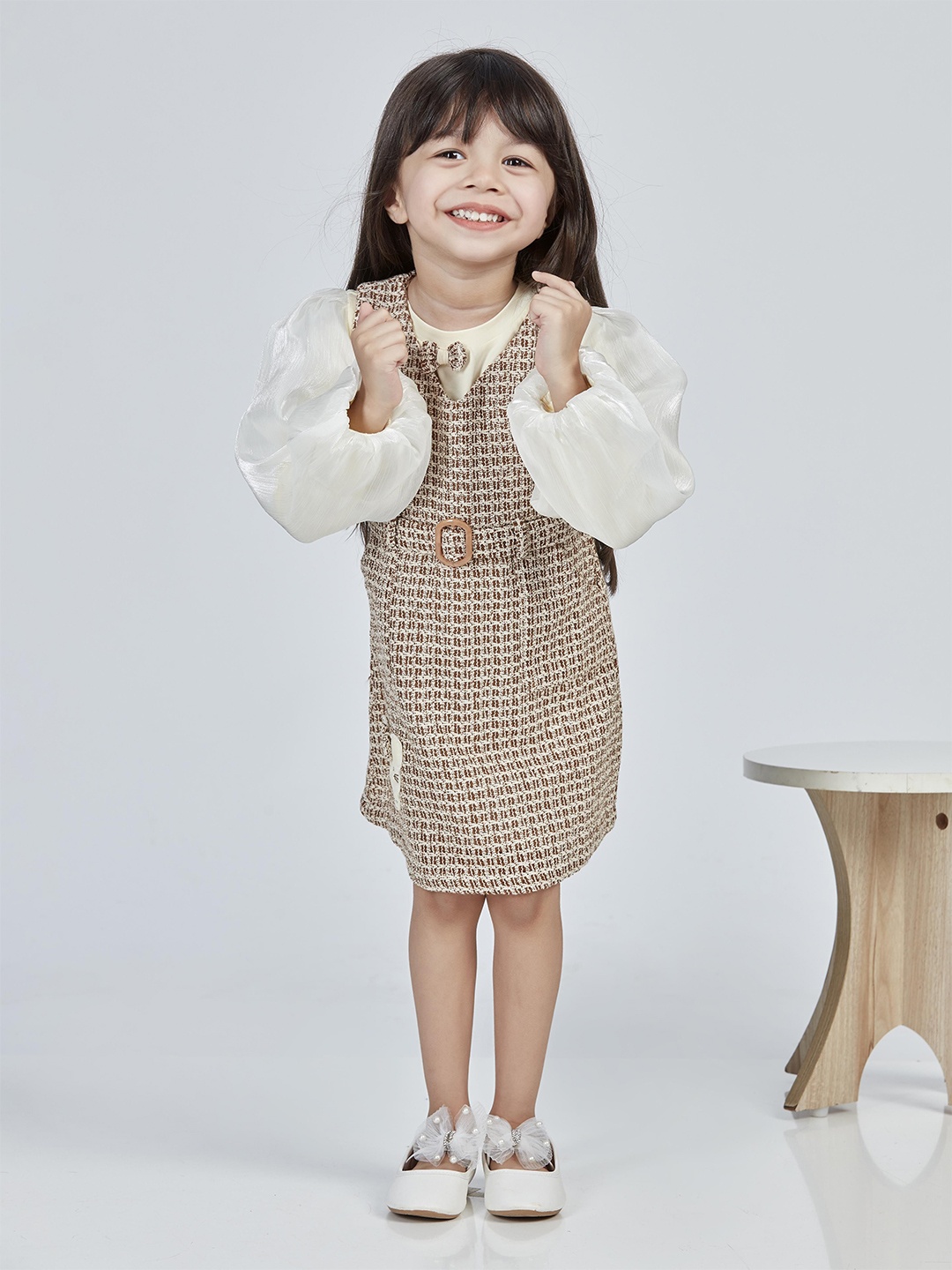 Peppermint Girls Self Design A-Line Dress, Beige