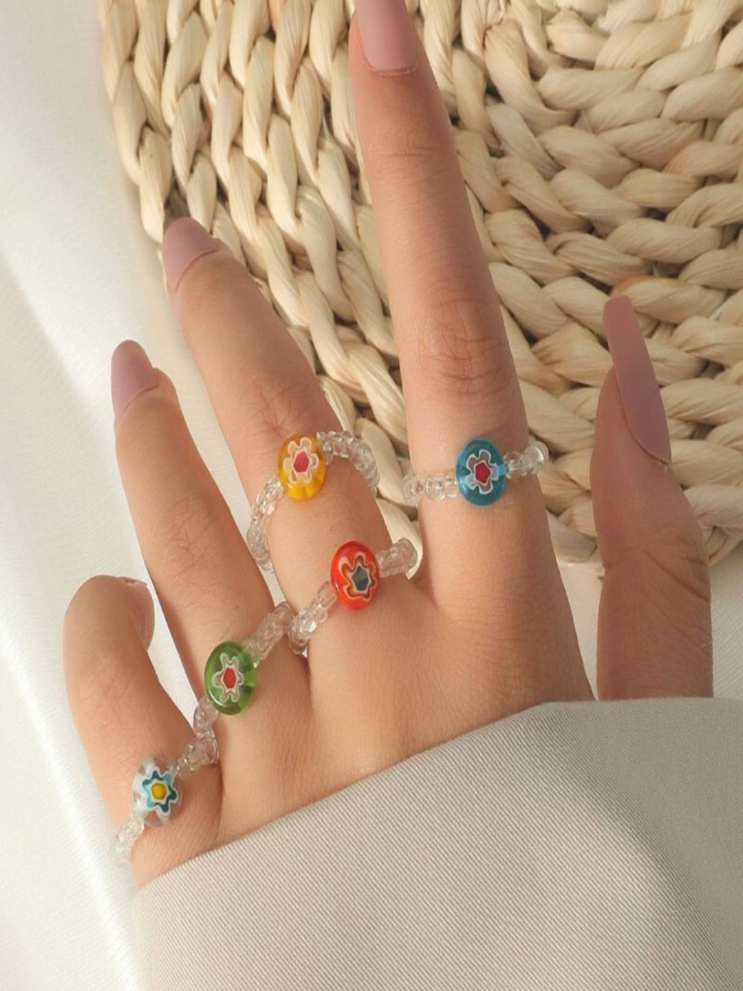 

AQUASTREET Set Of 5 Beaded Floral Adjustable Finger Rings, Transparent