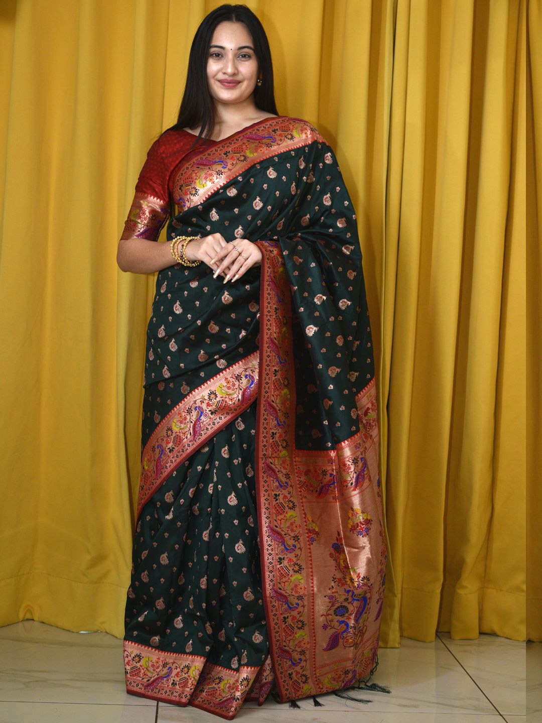 Mitera Woven Design Zari Paithani Saree, Green