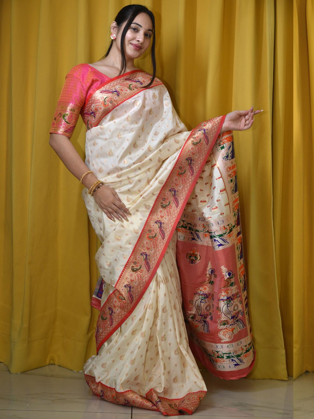 

Mitera Woven Design Zari Paithani Saree, White