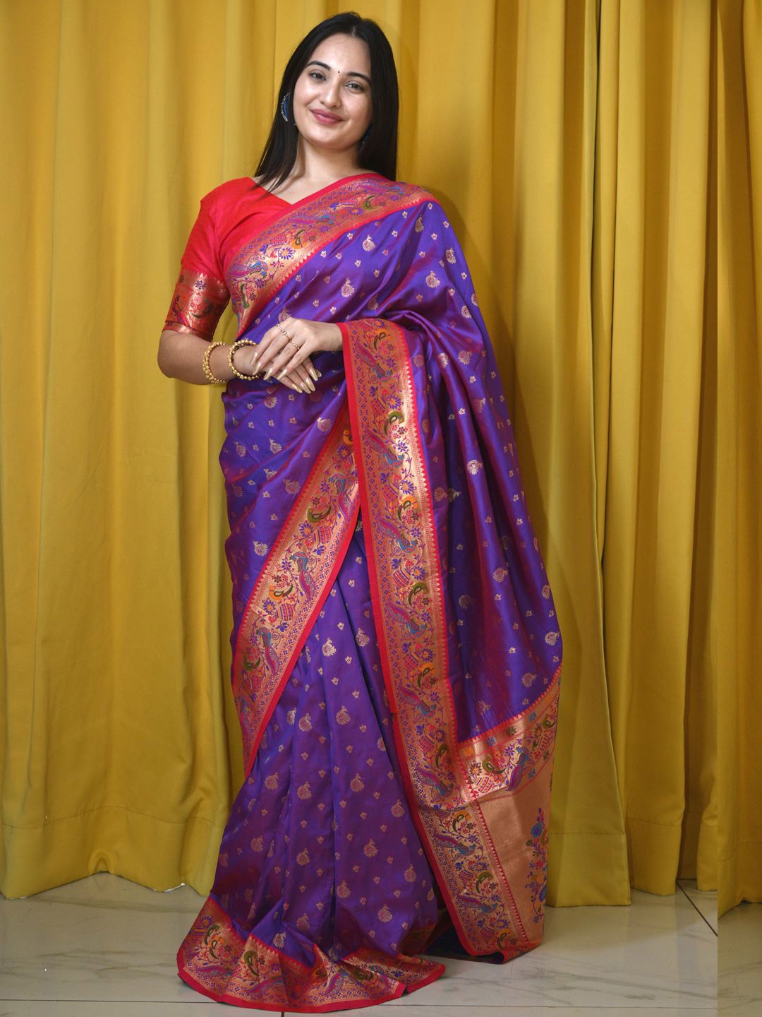 

Mitera Woven Design Zari Silk Blend Designer Paithani Saree, Purple