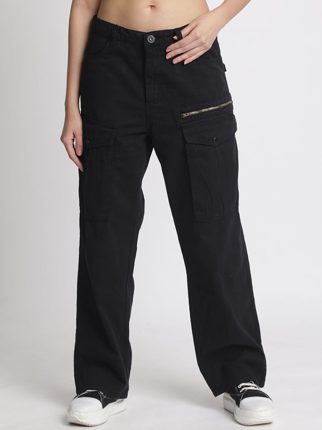 

Roadster The Lifestyle Co. Women Pure Cotton Straight Fit Cargo Trousers, Black